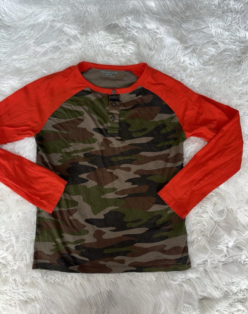 Liberty Valor Boys 10/12 Camo Henley Orange Sleeves. Great Tee